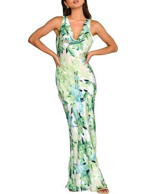 Women Green Floral Cowl Neck Summer Satin Backless Sleeveless Elegant Maxi Dress